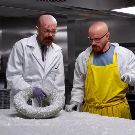 Prompt: walter white and jesse pinkman in gus frings underground laboratory making crystal covered donuts