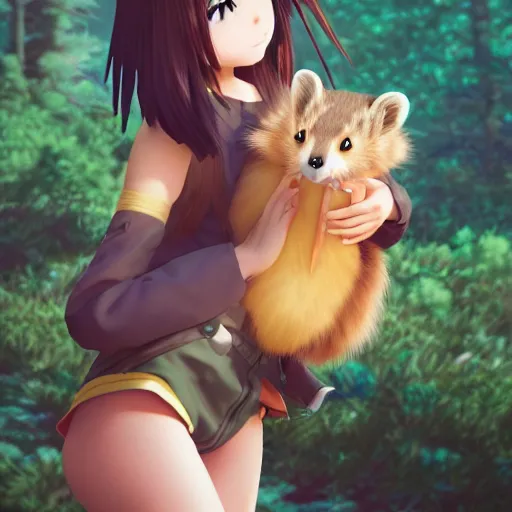 Prompt: Render of a beautiful realistic anime girl holding a pine marten, 4k, CGsociety, golden hour, trending on artstation, octane render, composition