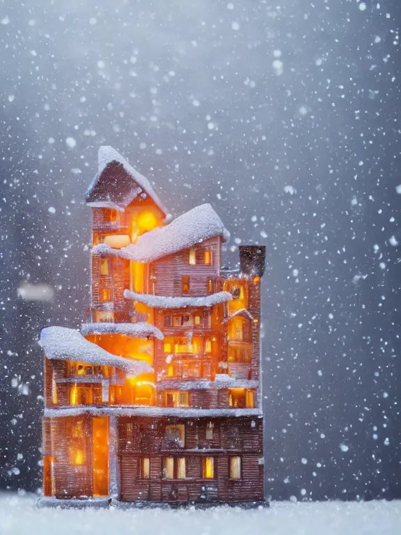 Image similar to product shoot of a snow globe of tiny soviet residential building, lights are on in the windows, cozy atmosphere, fog, cold winter, snowing, streetlamps with orange volumetric light, birches