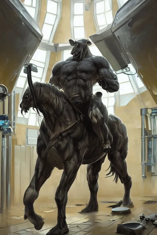 Prompt: splash art of a monstrously buff and muscular anthro horse male test subject at a research facility of experimental combat troopers, experimental tight bodysuit, full body, highly detailed, digital painting, trending on artstation, concept art, sharp smooth focus, illustration, art by artgerm and greg rutkowski and alphonse mucha