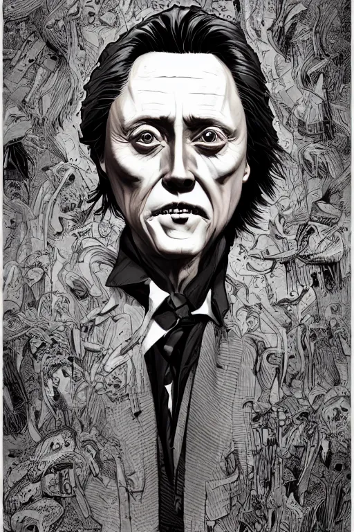 Image similar to christopher walken in sleepy hollow, full body, big two toned eyes, teeth gritted, horror, intricate details, cinematic, epic, realistic, anatomy, tomer hanuka, uplight, artstation, photorealistic, scary