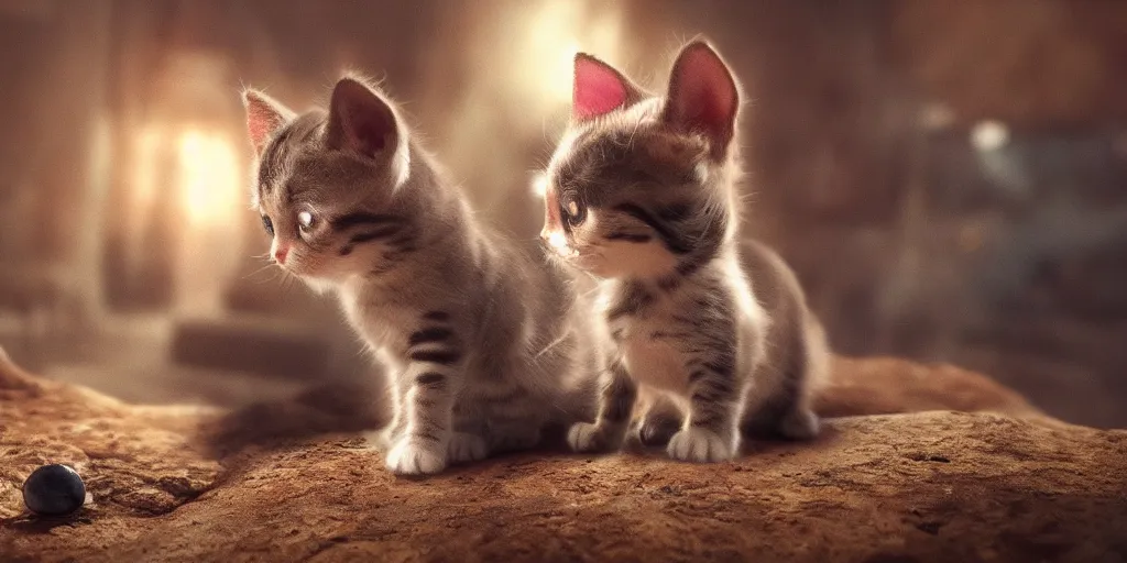 Image similar to tiny kitty and a tiny puppy, realistic 4 k octane beautifully detailed render, 4 k post - processing, highly detailed, intricate complexity, epic composition, magical atmosphere, cinematic lighting, masterpiece, ultra hd