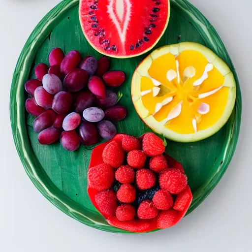 Image similar to beautiful photo of fruit pieces arranged to shape a rowing boat on a white plate, dslr