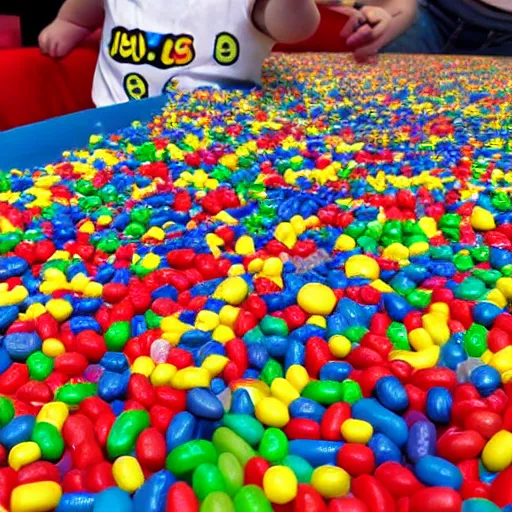 Image similar to Lego City overrun by thousands of jelly beans, old collection, verisimilitudinous