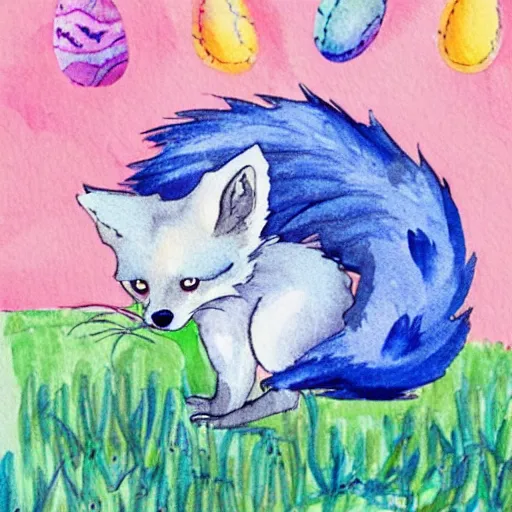 Image similar to a blue tailed fox searching for easter eggs, cute aquarel