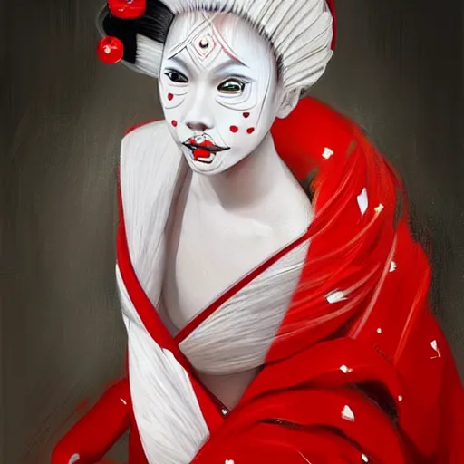 Image similar to A stunning painting of a beautiful albino geisha , red and white by Andrews Esao, fantasy, Trending on artstation.