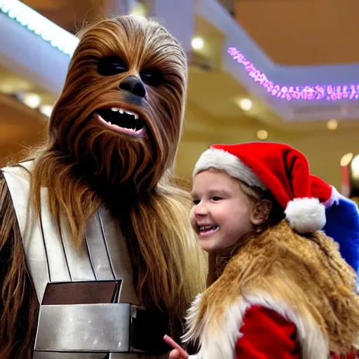 Image similar to chewbacca as the santa - claus - at - the - mall taking kids christmas wishes