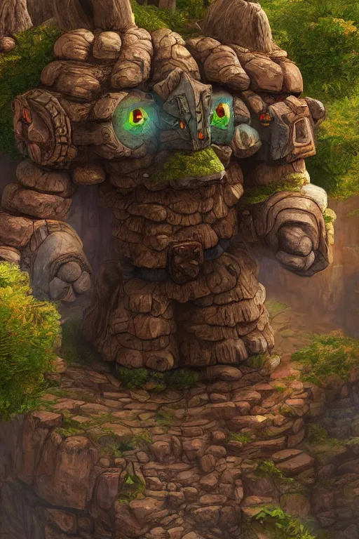 Image similar to zelda fantasy art giant golem troll wood rock greeble gemstone, global illumination ray tracing hdr fanart arstation by sung choi and eric pfeiffer and gabriel garza and casper konefal