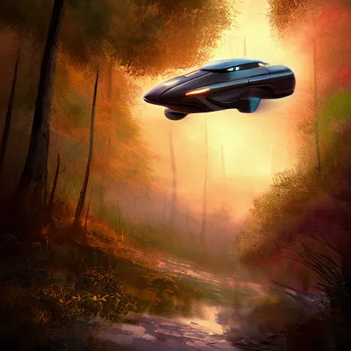 Prompt: flying car in futuristic spiritual mystical post apocalyptic forest by ron gilbert, dim painterly volumetric aquatic sunset lighting, beautiful, crisp, artstation, highly detailed