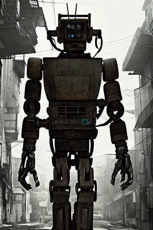 Prompt: a retro large robot carrying a samurai sword. Grungy cyberpunk alleyways in the background Badass pose , Photo realistic , Gregory Crewdson , Award winning. Masterpiece, exquisite detail, post processing