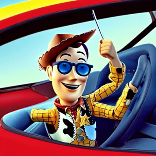 Prompt: A photo of Woody from Toy Story wearing Ray Bans sunglasses in the driver seat of a Honda Civic, street racing, vaporwave