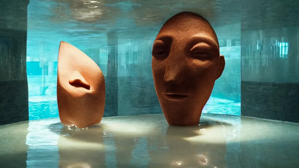 Prompt: the giant floating nose in the restaurant, made of water, film still from the movie directed by Denis Villeneuve with art direction by Salvador Dalí, wide lens