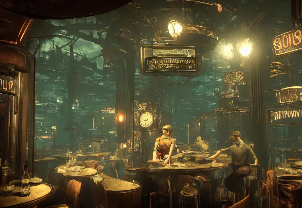 Image similar to In the world of rapture from the world of bioshock you are in a bar, there is a window that lets you see the whole city underwater and you are drinking a rum and coke, there are makes on the tables