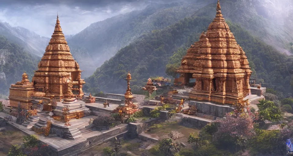 Prompt: a detailed hyper realistic concept art of hindu shiva temple in himalyas, 4 k detailed, artstation