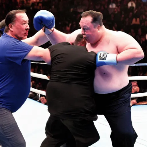 Image similar to obese elon musk fighting obese steven seagal in a boxing match, wet