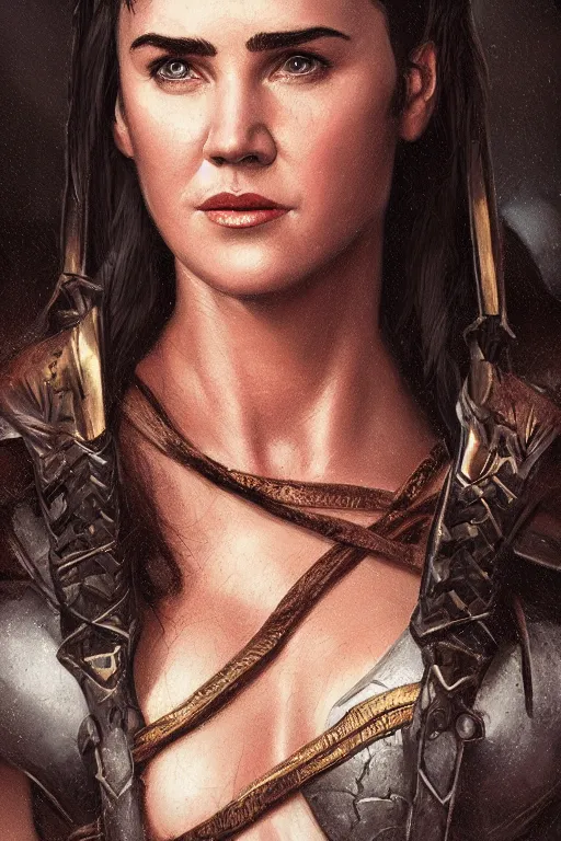 Image similar to portrait of Young Jennifer Connelly as Xena warrior princess , face portrait, raphael lacoste, eddie mendoza, alex ross, concept art, matte painting, highly detailed, rule of thirds, dynamic lighting, cinematic, detailed, denoised, centred