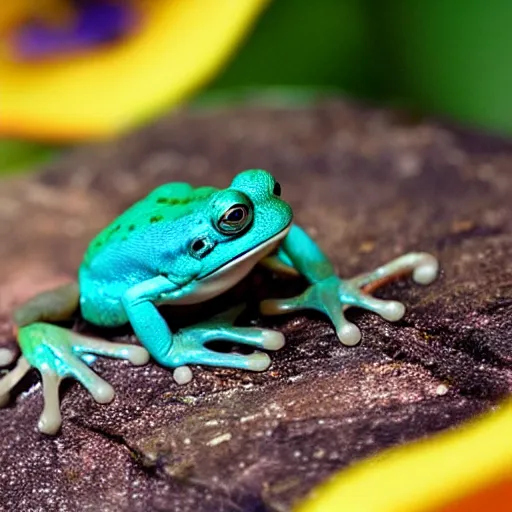 Prompt: photo [ teal frog ] with orange!! eyes