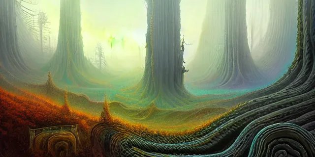 Prompt: painting of redwood forest infused with alien nature labyrinth consuming futuristic mega city from blade in the style of nebulapunk by dan seagrave and tomasz alen kopera with futuristic castle by simon stahlenhag