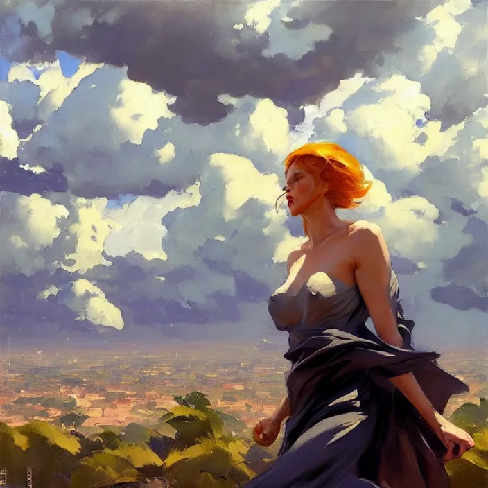 Prompt: greg manchess painting of giganta, cityscape, calm, fantasy character portrait, dynamic pose, above view, thunder clouds in the sky, artwork by jeremy lipkin and giuseppe dangelico pino and michael garmash and rob rey and greg manchess and huang guangjian and makoto shinkai, very coherent artwork, sharp edges, perfect face, simple form, 1 0 0 mm