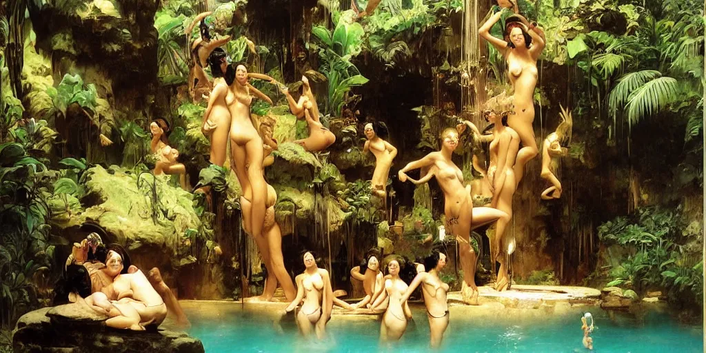 Image similar to a tropical cave that renovate as a luxury interior as a harem of beautiful women bathe in the waters by syd mead, frank frazetta, ken kelly, simon bisley, richard corben, william - adolphe bouguereau