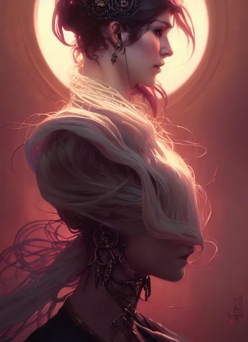 Image similar to Necromancer Sorceress, fantasy magic, undercut hairstyle, dark light night, intricate, elegant, sharp focus, illustration, highly detailed, digital painting, concept art, matte, art by WLOP and Artgerm and Greg Rutkowski and Alphonse Mucha, masterpiece