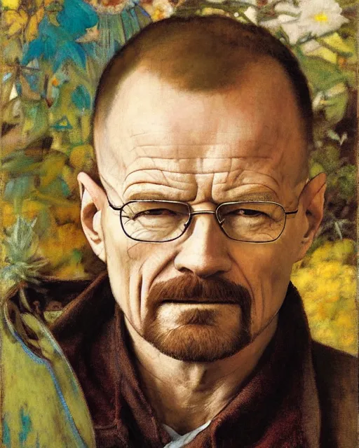 Image similar to walter white, portrait painting by richard schmid, edgar maxence, kehinde wiley, thomas moran, maxfield parrish, studio ghibli, loish, alphonse mucha, fashion photography