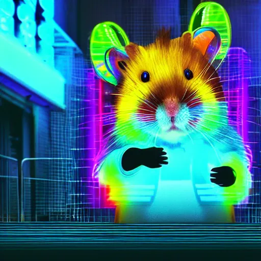 Prompt: hamster with rainbow fur in a cyberpunk city with bright neon lights, 8 k, hd, light reflection