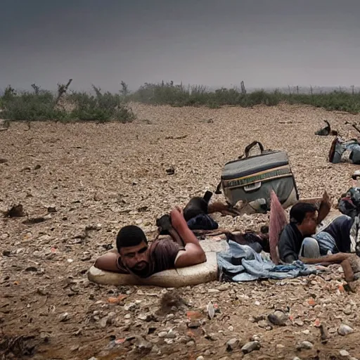 Image similar to Realistic cinematic views of a migrant crisis created through climate change