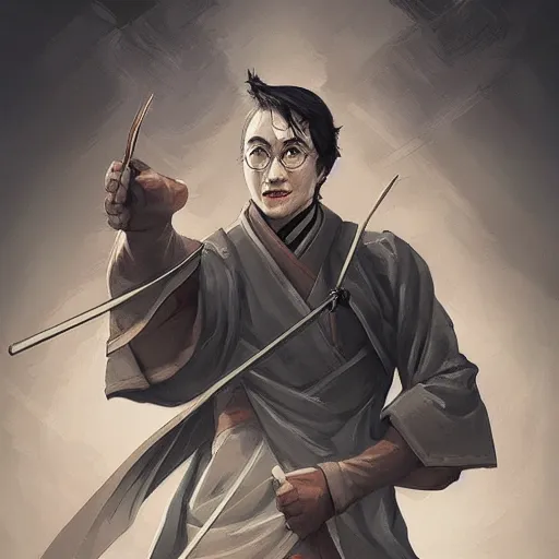 Image similar to harry potter as an samurai, backround dark, highly detailed, digital illustration, trending in artstation, modern painting, smooth, sharp focus, intricate, by peter mohrbacher