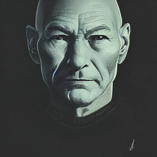 Prompt: portrait of a Patrick Stewart, staring at you, black background, curious eyes, by Anato Finnstark, Tom Bagshaw, Brom
