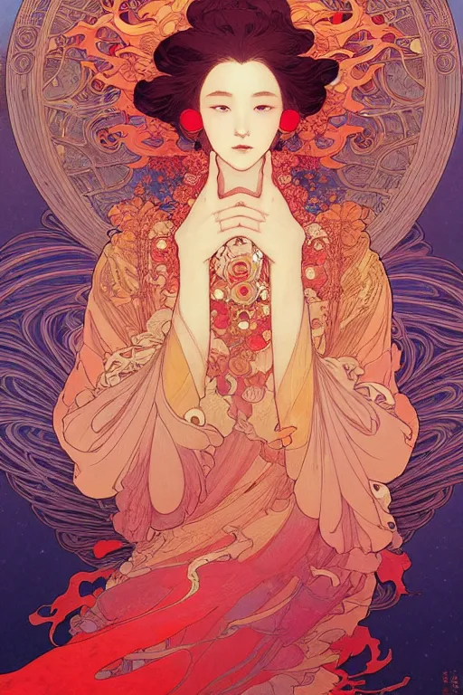 Prompt: a beautiful hyperdetailed character design 4 k wallpaper illustration of a huge reddish phoenix, victo ngai style, alfons mucha ， from china, style of studio ghibli, denoise, deblurring, artgerm, xision, james jean, ross tran, chinese style