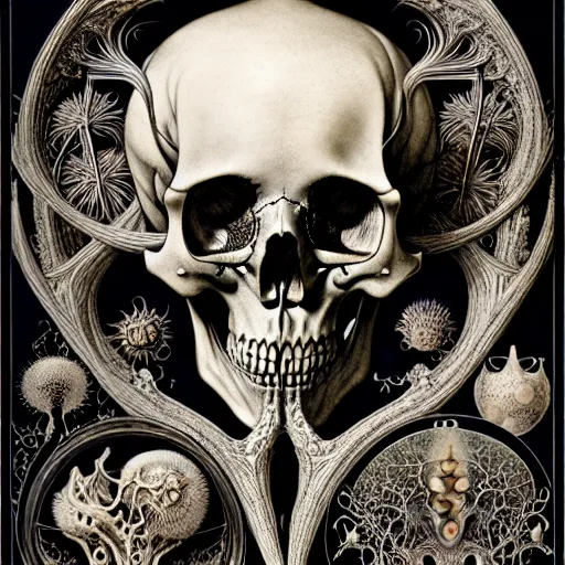 Image similar to art forms of nature by ernst haeckel, memento mori by arthur rackham, ornate antique porcelain beautiful skull mask, ultrasharp, photorealistic, hyperdetailed, octane render, polished, art nouveau, neo - gothic, gothic, intricate ornamental organic filigree, art nouveau botanicals, art forms of nature by ernst haeckel, horizontal symmetry, symbolist, visionary