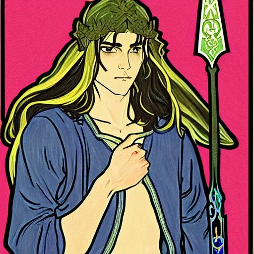 Prompt: painting of young handsome beautiful paladin elf!! man with long! wavy dark hair in his 2 0 s named taehyung minjun at the blueberry party, wearing armor!, long hair, elf ears, elegant, clear, painting, stylized, delicate, soft facial features, art, art by alphonse mucha, vincent van gogh, egon schiele,