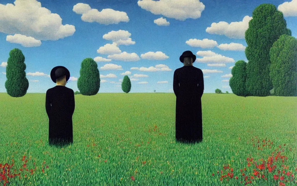Image similar to angel of death looking at you in distance in beautiful meadow of flowers, detailed painting by rene magritte