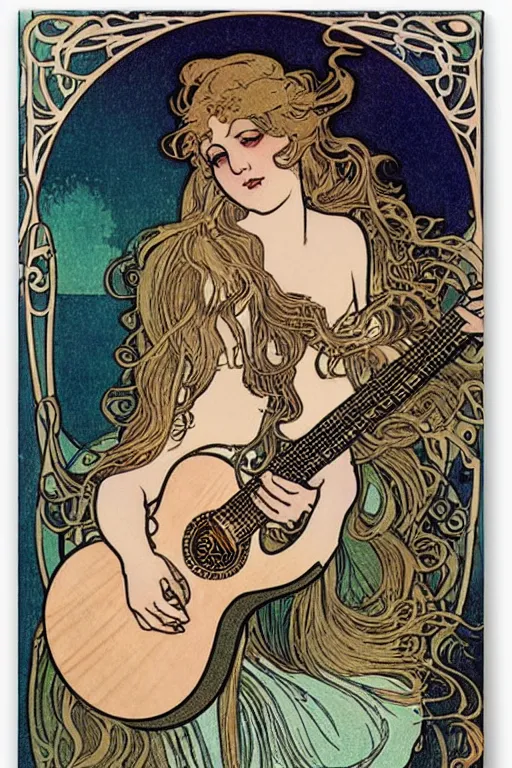 Prompt: illustration of a mermaid playing an electric guitar, Art Nouveau by Mucha
