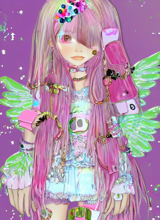 Image similar to 3 d decora gyaru fashion melting anorexic pastel cute pallete slimy angelic angel character, decora inspired illustrations, maximalist cgi, soft lighting, glitter glue, checkered burberry patterns, scribbles and doodles