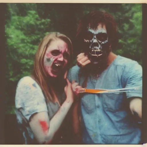 Image similar to polaroid of a happy couple looking into the camera during a zombie apocalypse