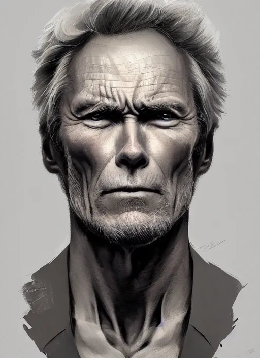 Image similar to symmetry!! clint eastwood, male, machine parts embedded into face, intricate, elegant, highly detailed, digital painting, artstation, concept art, smooth, sharp focus, illustration, art by artgerm and greg rutkowski and alphonse mucha, 8 k
