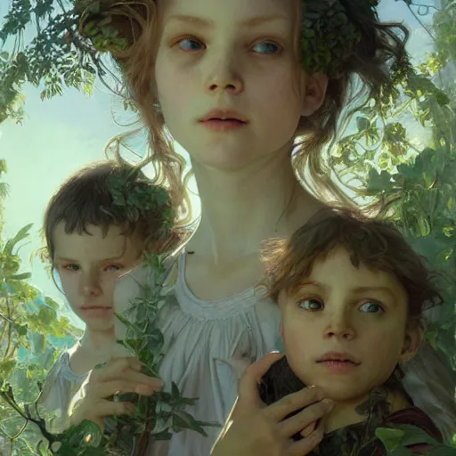 Image similar to portrait painting of green children of woolpit, ultra realistic, concept art, intricate details, eerie, highly detailed, photorealistic, octane render, 8 k, unreal engine. art by artgerm and greg rutkowski and alphonse mucha