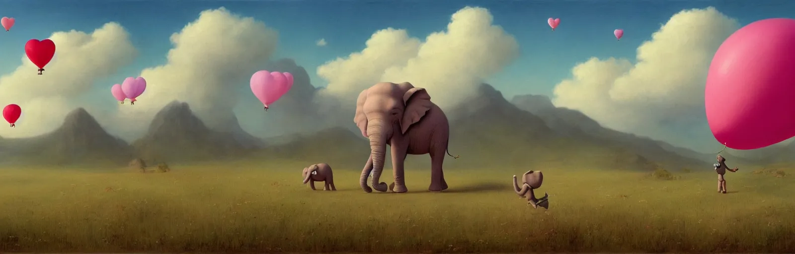 Prompt: A pink elephant happily walking in a field of clouds, balloons in the sky, mountains in the background, illustration, detailed, smooth, soft, warm, by Adolf Lachman, Shaun Tan, Surrealism