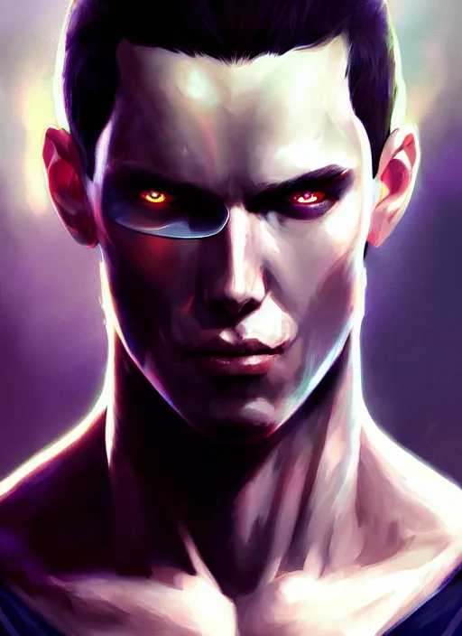 Image similar to « a portrait of a muscular cyberpunk male warrior, a digital painting by charlie bowater, featured on cgsociety, fantasy art, behance hd, wiccan, artstation hd »