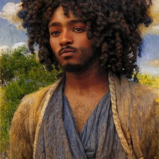 Image similar to east african man with curly hair, fedosenko roman, j. w. godward, jose miguel roman frances, intricate details, countryside, dreamy, impressionist, figurative