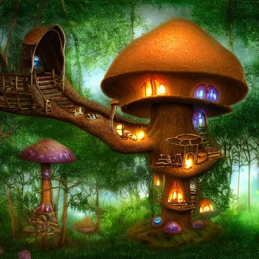 Prompt: Mushroom treehouse, fairy, magical, mystical, realistic, 4k