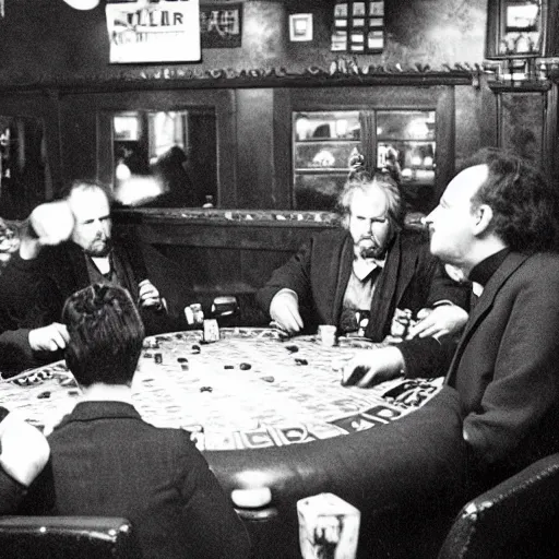 Image similar to Peter Jackson playing poker in a saloon, shotguns