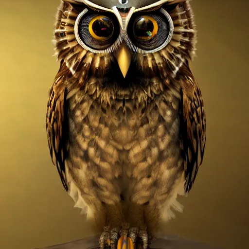 Image similar to Warrior owl art nuveau, steampunk, symmetry, unreal engine,