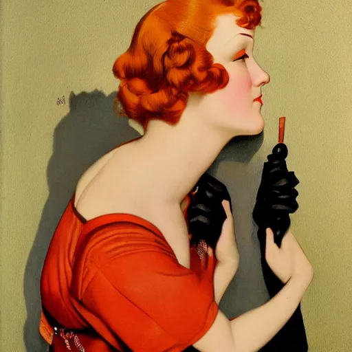 Image similar to an oil painting depicting an redhead girl, 1920s style, smooth, highly detailed, high contrast, Coles Phillips, Dean Cornwell, JC Leyendecker, 8K