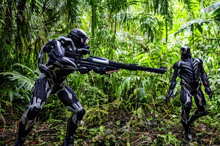 Prompt: Crysis Nanosuit shooting at enemies in a jungle combat photography 2022, Canon EOS R3, f/1.4, ISO 200, 1/160s, 8K, RAW, unedited, symmetrical balance, in-frame,
