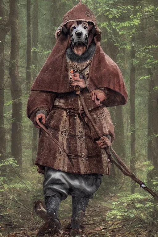 Image similar to slavic dog head man, woolen torso in medieval clothes, walking in the forest, orthodox saint christopher, art by whimmy, trending on artstation,