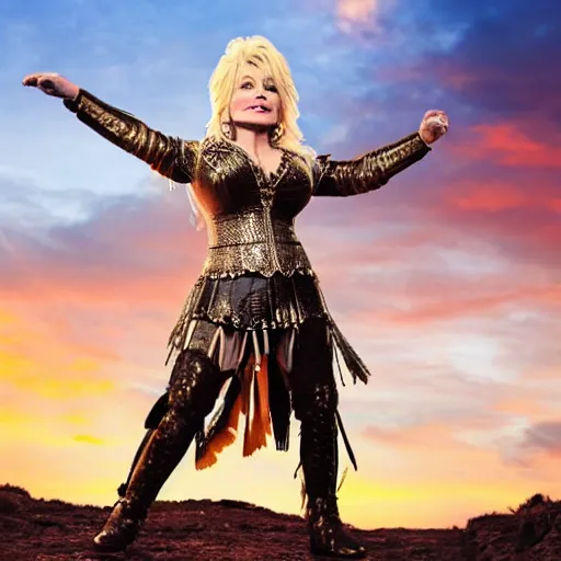 Image similar to Dolly Parton as a leading warrior, wearing Spartan leather armor, cinematic, photography, promotional advertising, rocky mountain range, sunset background