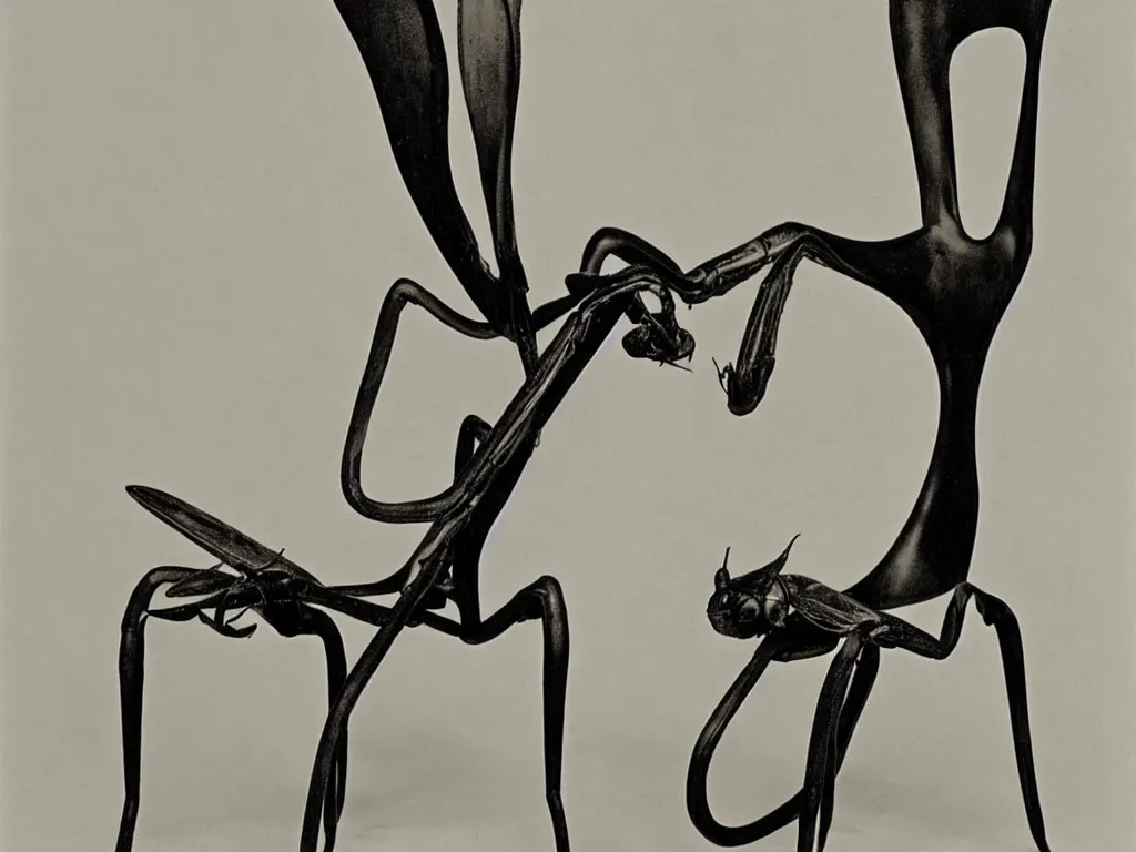 Image similar to gothic chair in the shape of a praying mantis. karl blossfeldt, salvador dali